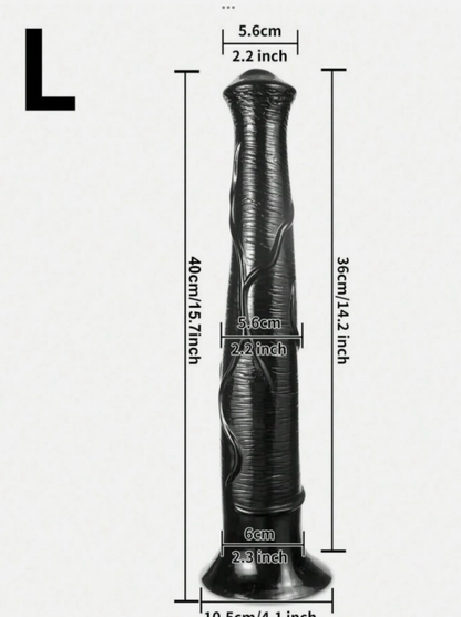 Black textured object with measurements on a white background