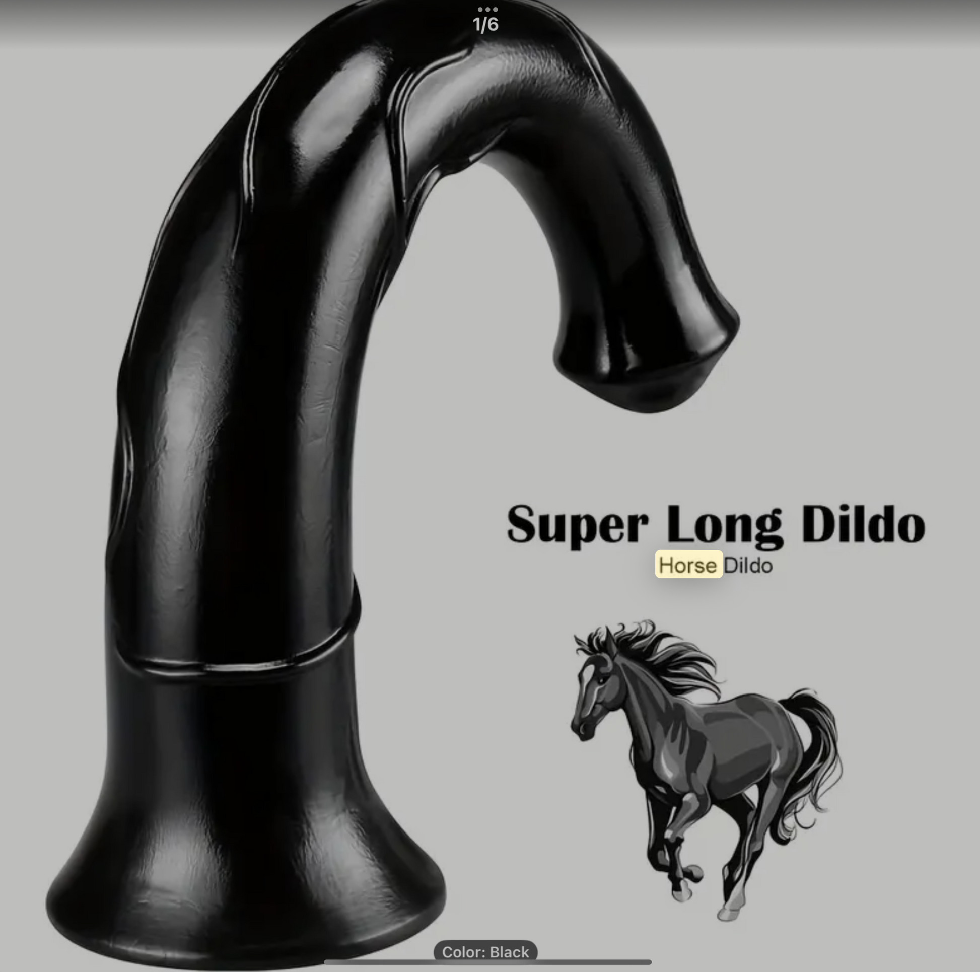 Black faucet with 'Super Long Dildo' text and horse illustration on a gray background