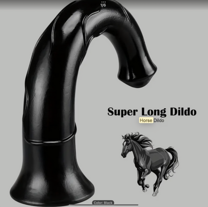Black faucet with 'Super Long Dildo' text and horse illustration on a gray background