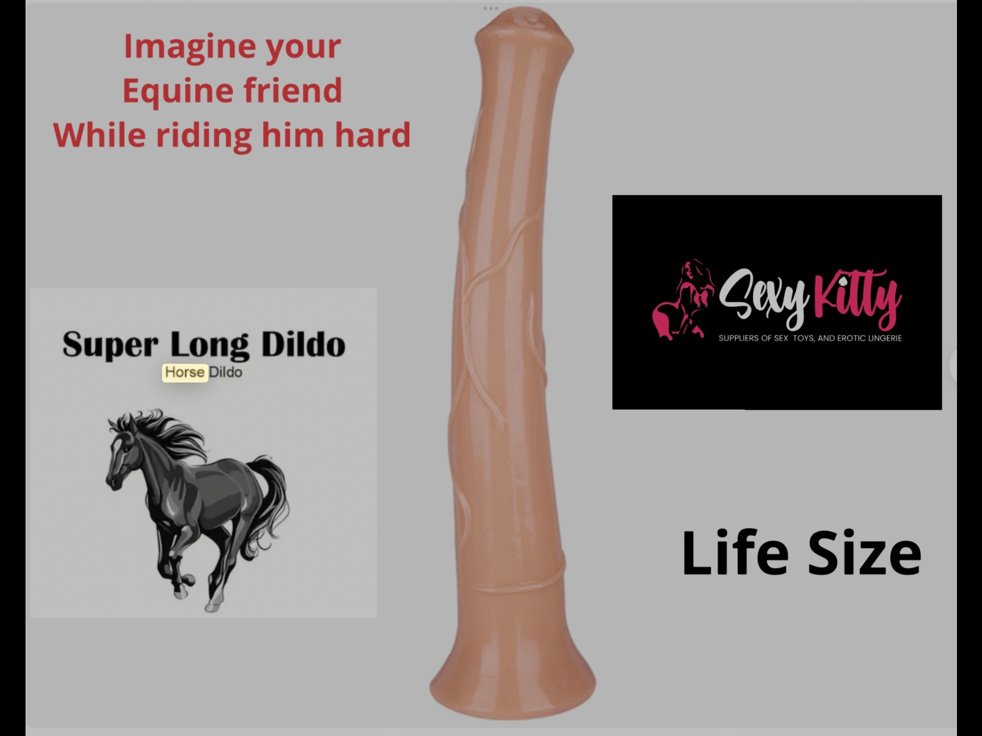 Super long dildo with horse illustration and 'Sexy Kitty' branding on a gray background
