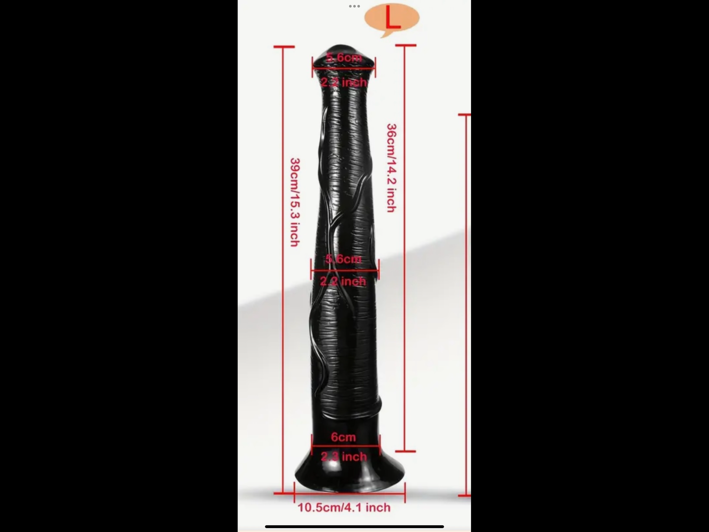 Black textured object with measurements on a white background