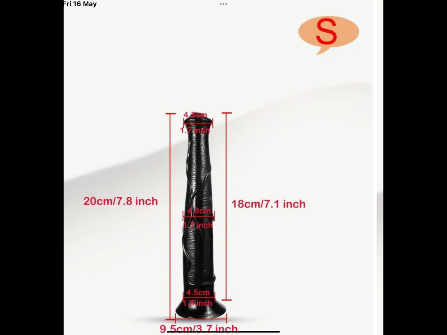 Measurement chart of a black and red product with dimensions labeled in centimeters and inches.