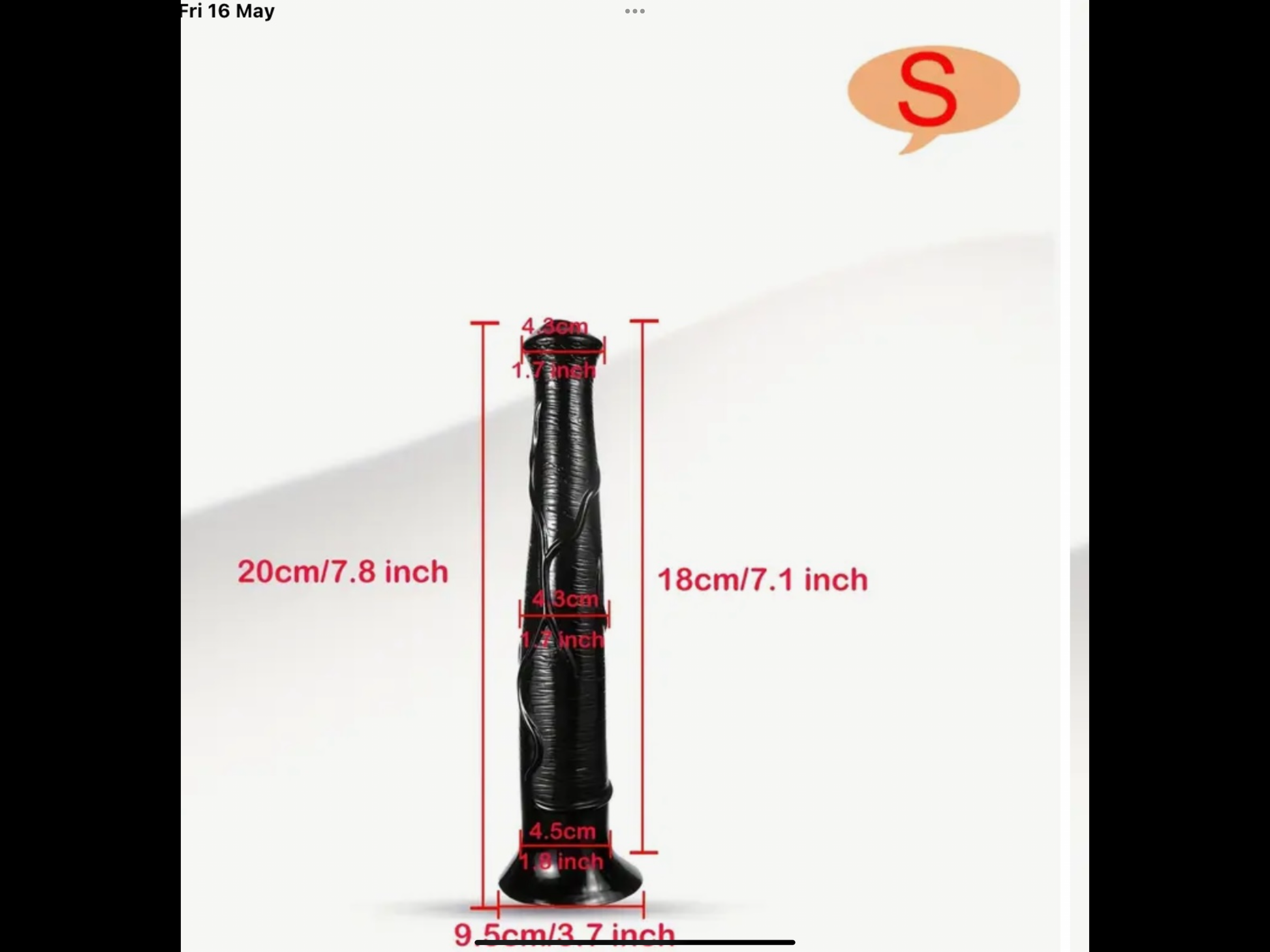 Measurement chart of a black and red product with dimensions labeled in centimeters and inches.