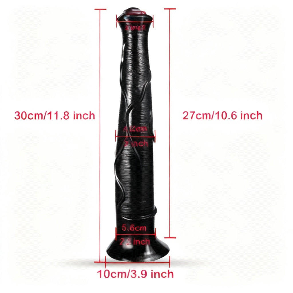 Black leather product with measurements in centimeters and inches on a white background