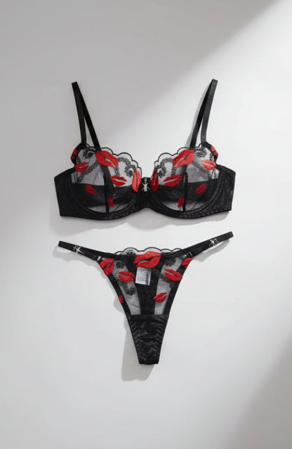 Hot Red Lip Embroidery Sheer Bra & Panty Lingerie Set UK
