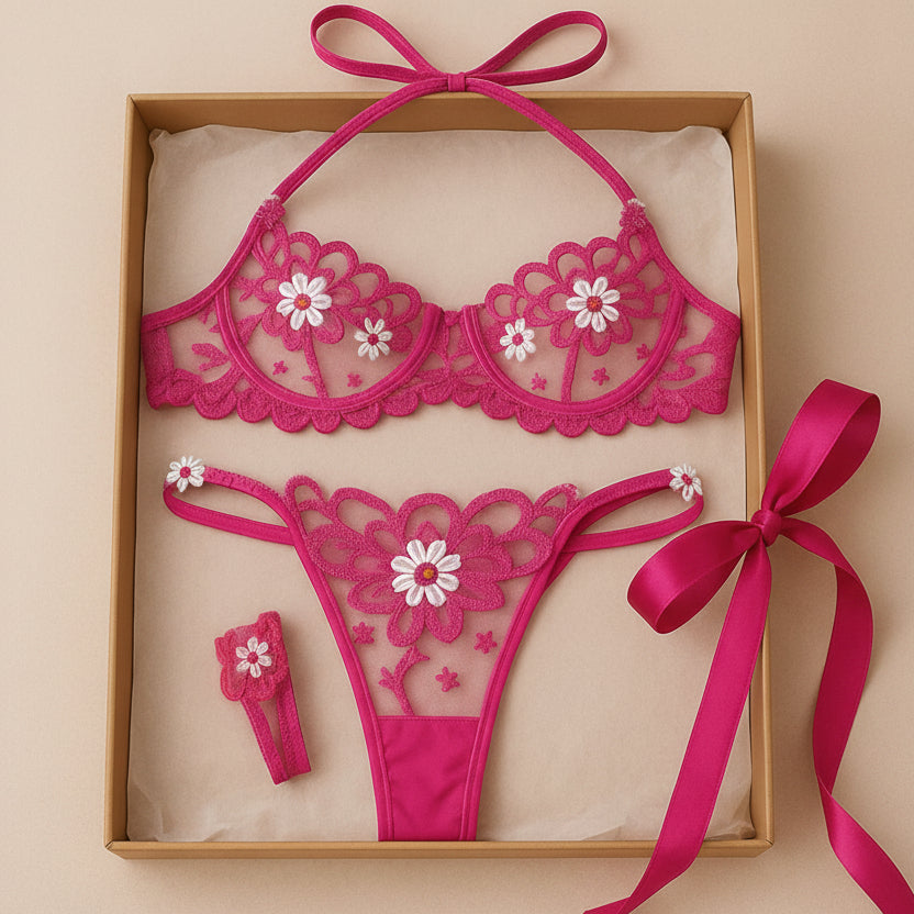 Pink lace lingerie set with floral designs in a box with a pink ribbon.