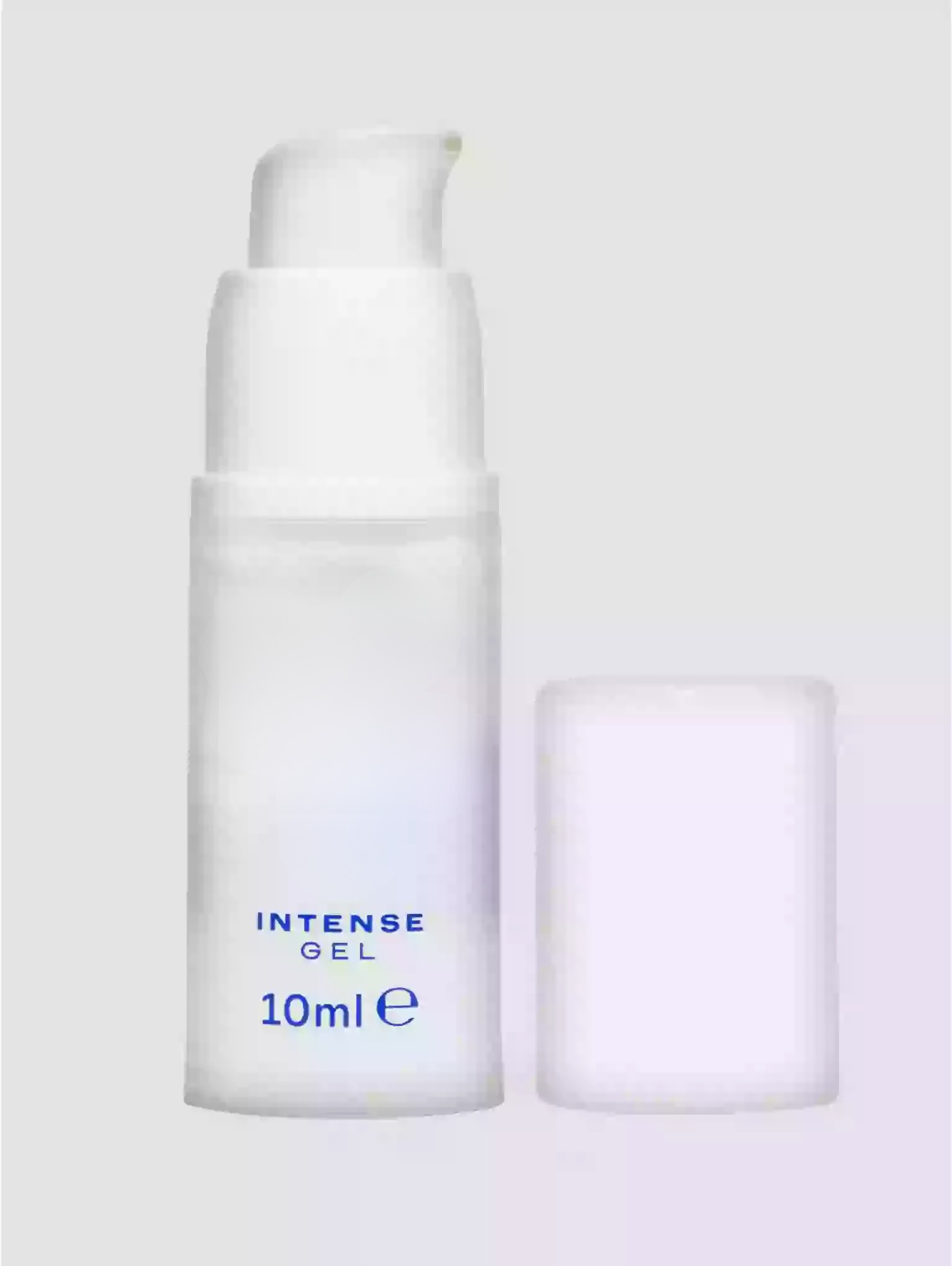 Skincare bottle labeled 'Intense Gel 10ml' on a light gray background