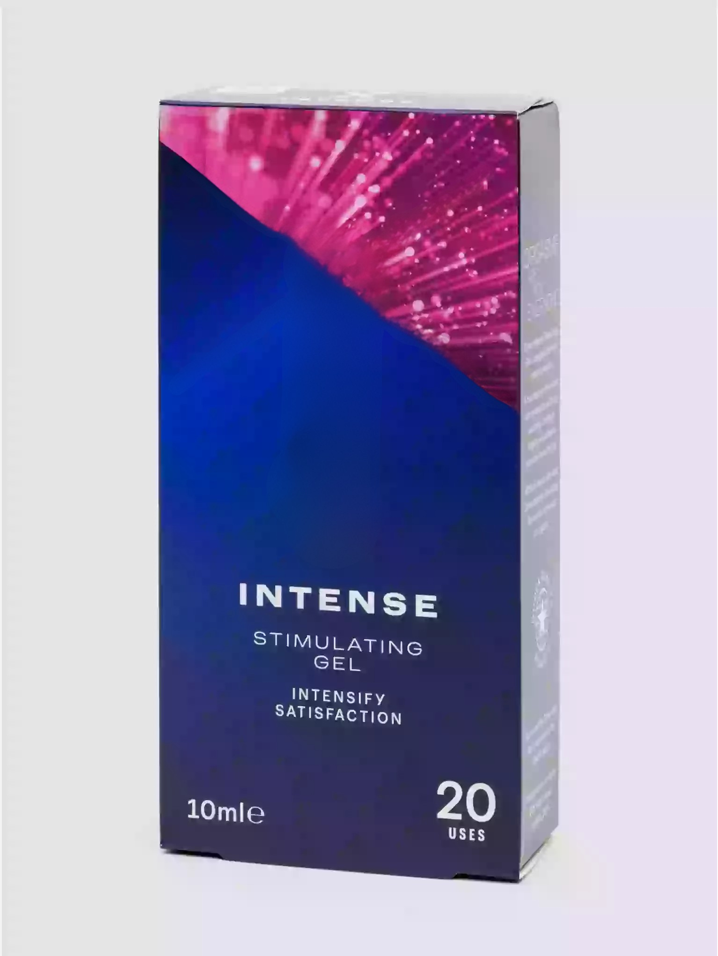 Box of Intense Stimulating Gel with blue and pink design on a white background