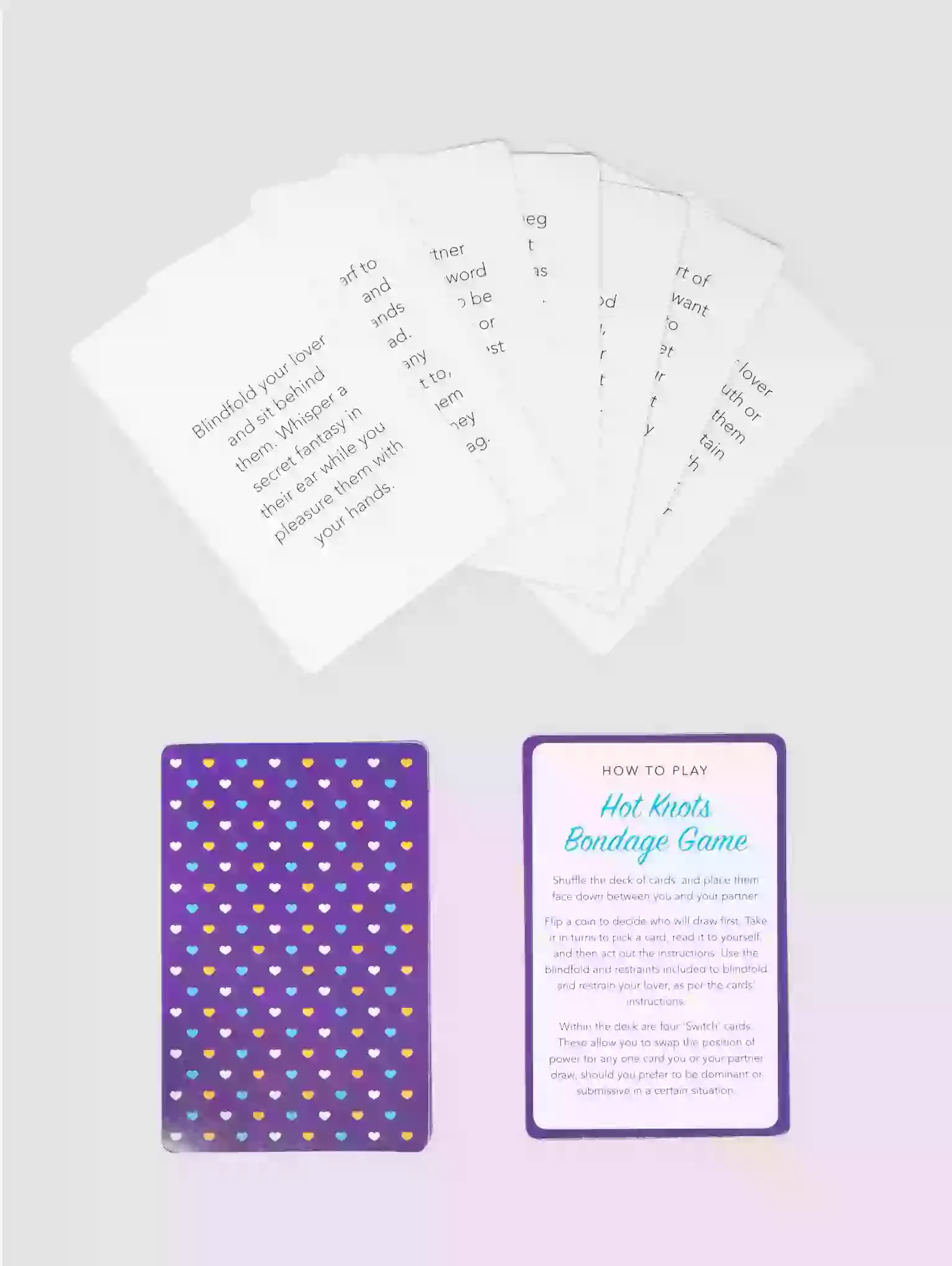 Card game packaging with cards and a purple card with text on a white background