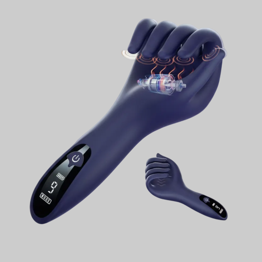 Blue massage gun with digital display on a gray background