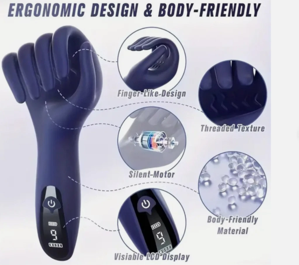 Ergonomic design and body-friendly massage tool with features highlighted on a white background