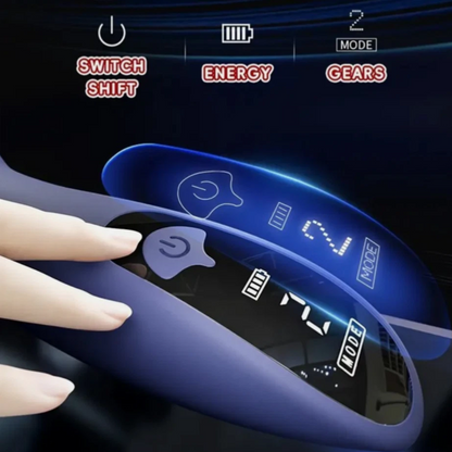 Digital display with hand interacting, showing energy and mode indicators on a dark background
