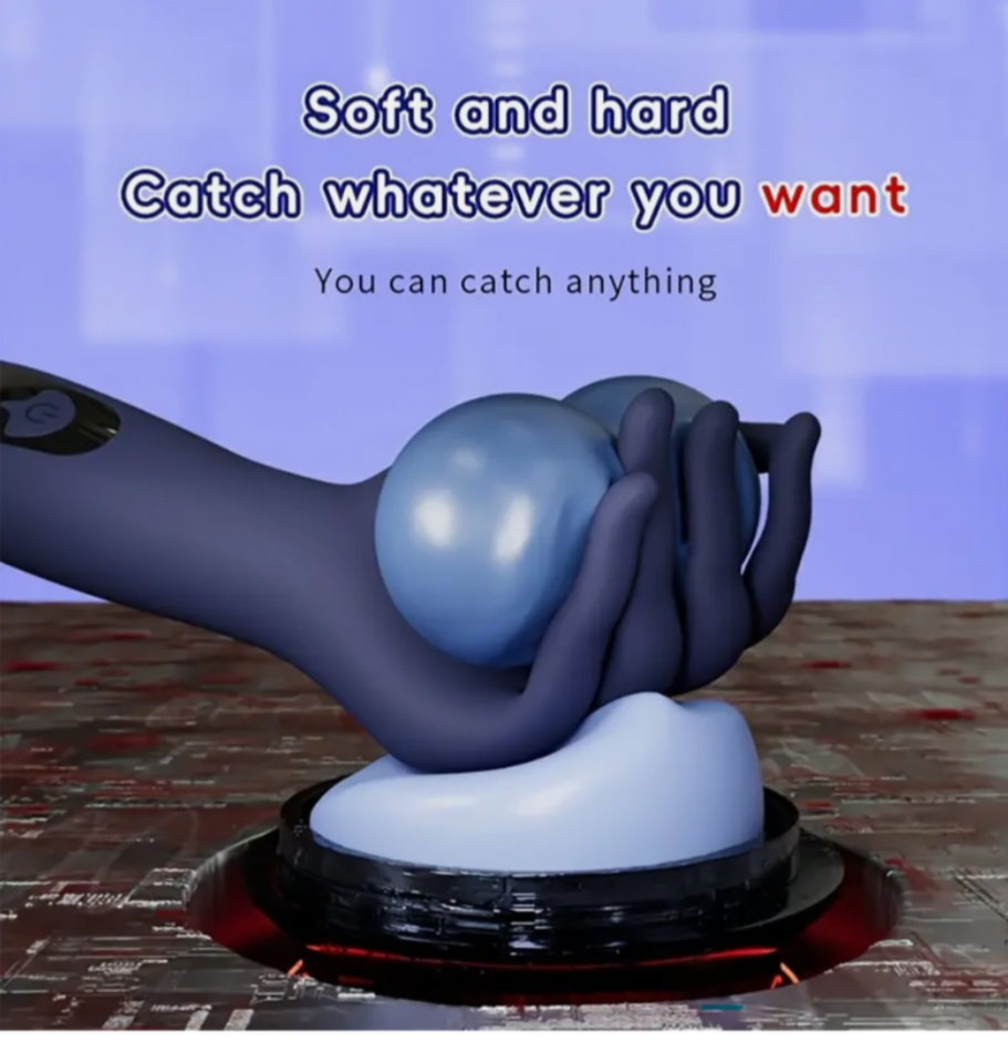 Sculpture of a hand holding a blue ball with text on a brick background