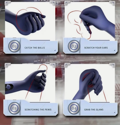 Gloved hands performing various actions with a string on a white background