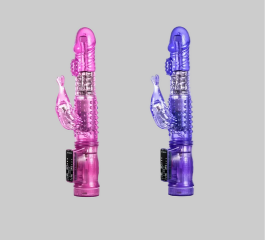 Two colorful vibrators on a gray background