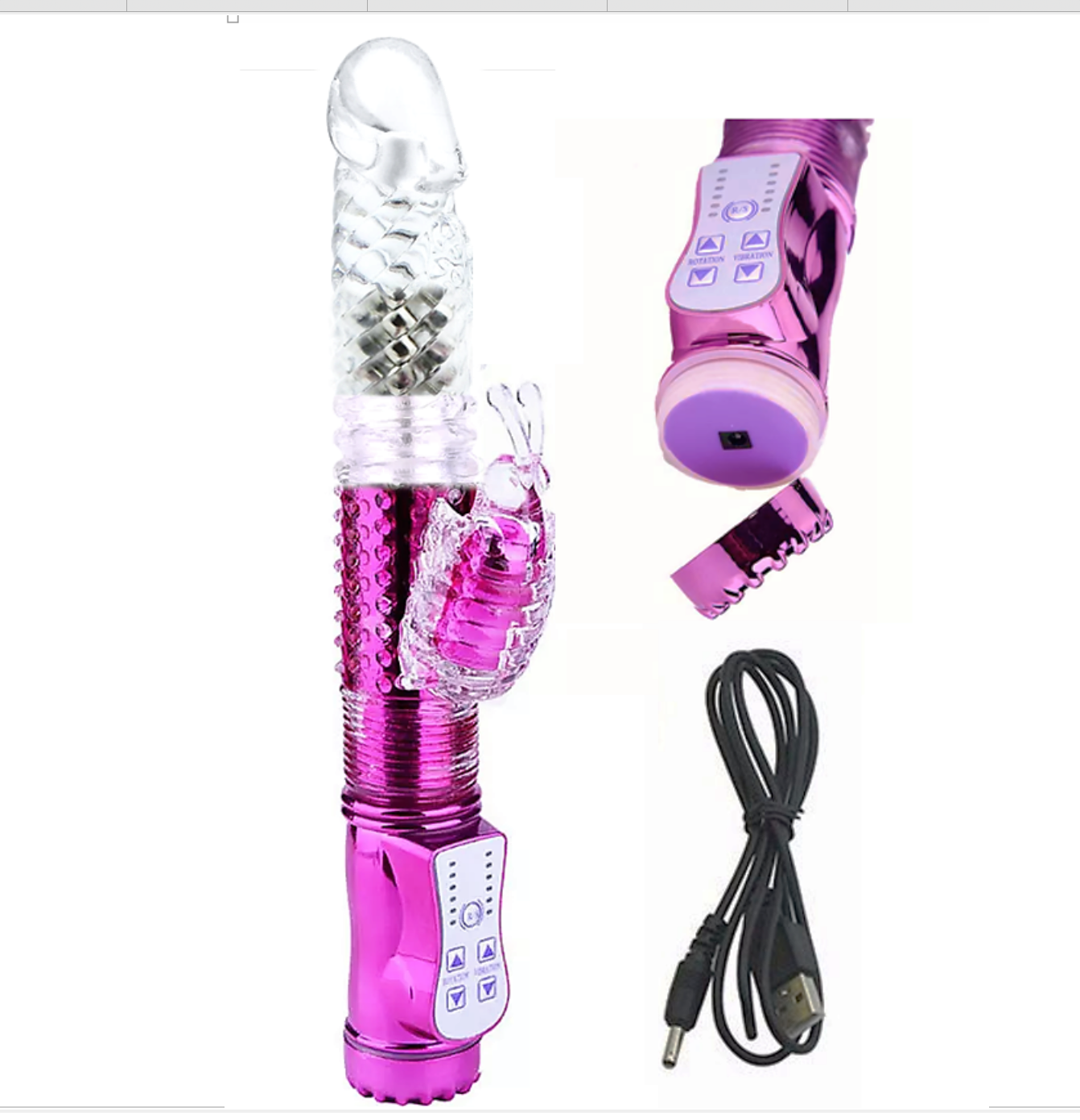 Pink electronic device with control panel, USB cable, and additional component on a white background