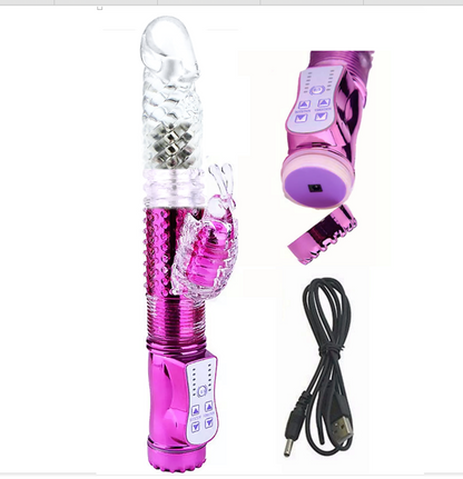 Pink electronic device with control panel, USB cable, and additional component on a white background