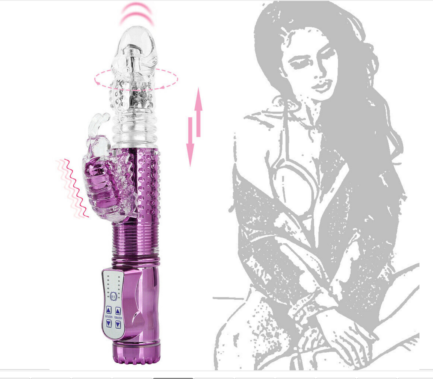 Purple electronic device with digital display and buttons, accompanied by a gray silhouette of a person.