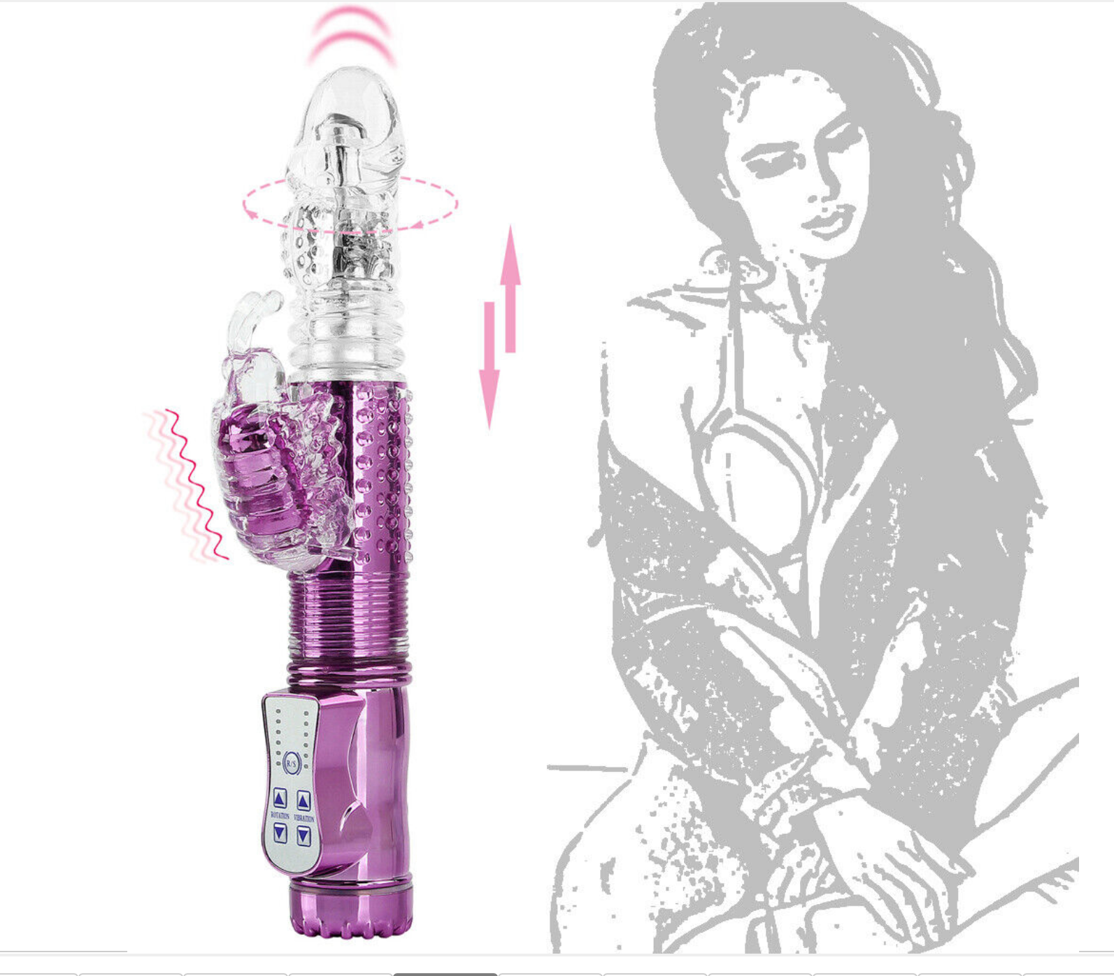 Purple electronic device with digital display and buttons, accompanied by a gray silhouette of a person.