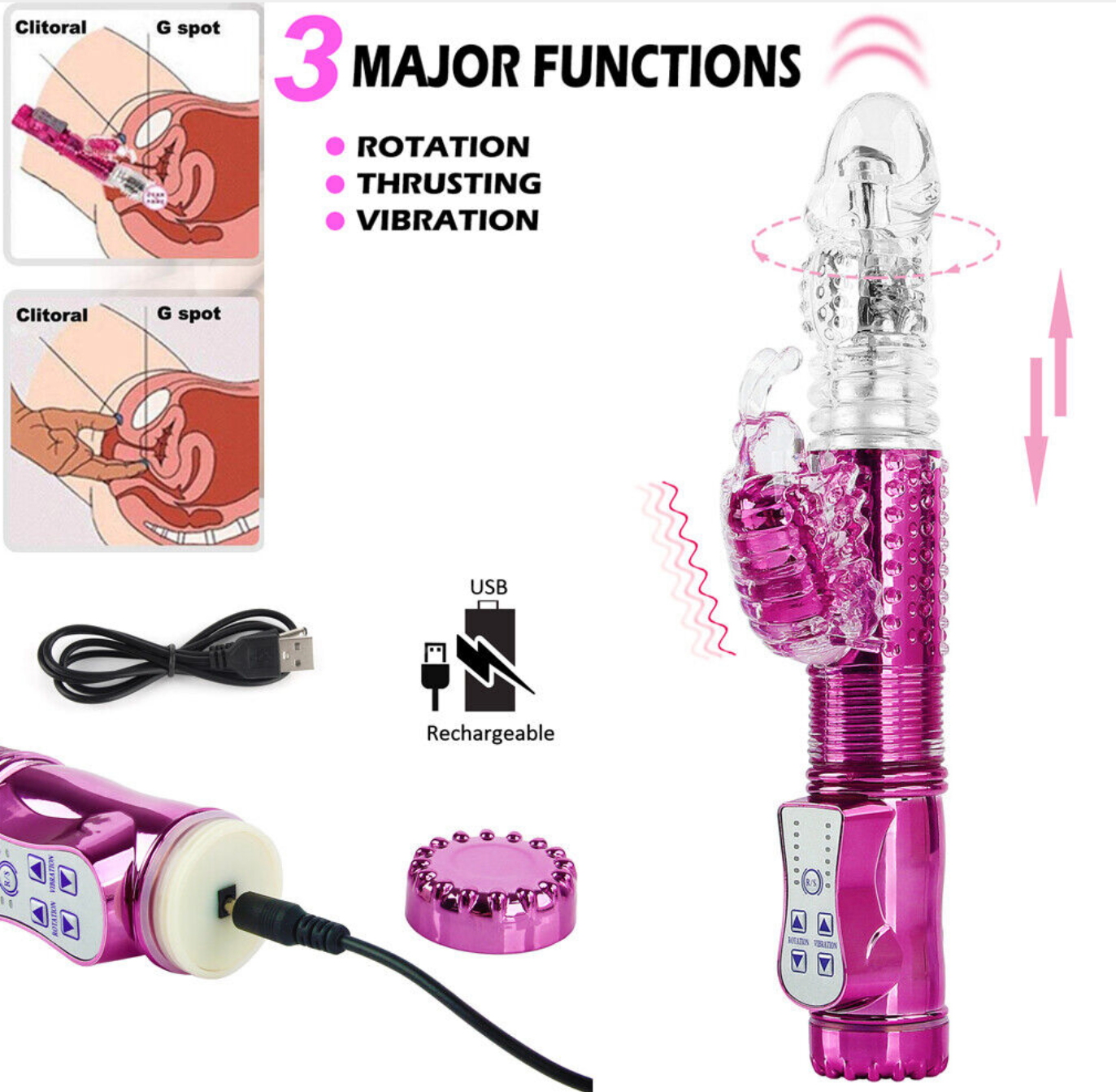 Pink electronic device with USB cable and illustrations of functions on a white background