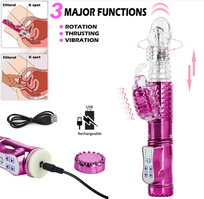 Pink electronic device with USB cable and illustrations of functions on a white background