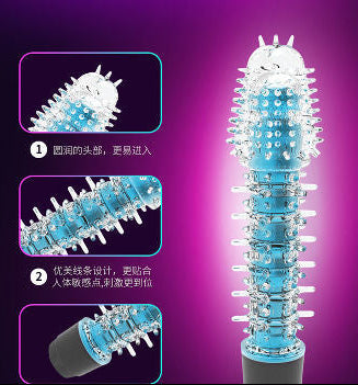 Glowing massage tool with blue and white design on a purple background