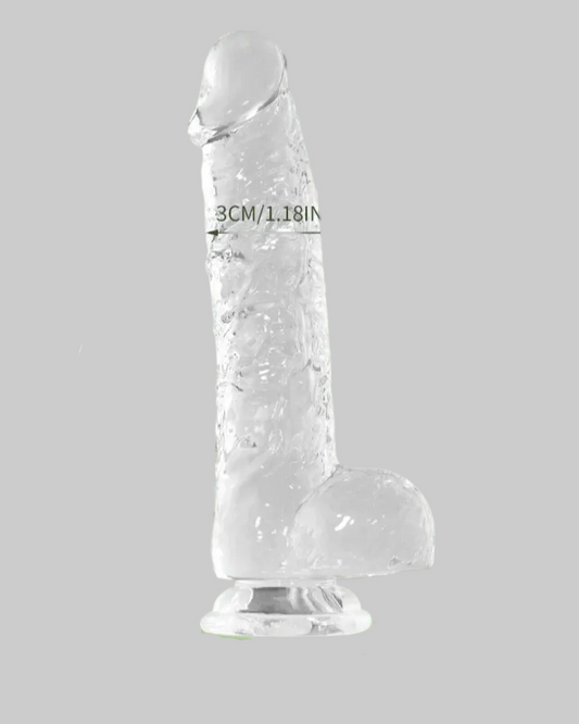 Clear silicone product with measurement text on a gray background