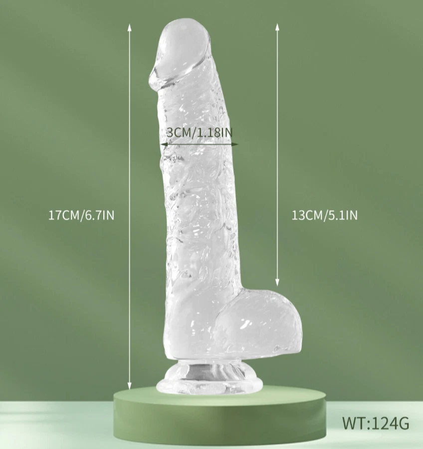 Clear silicone product with measurements on a green background