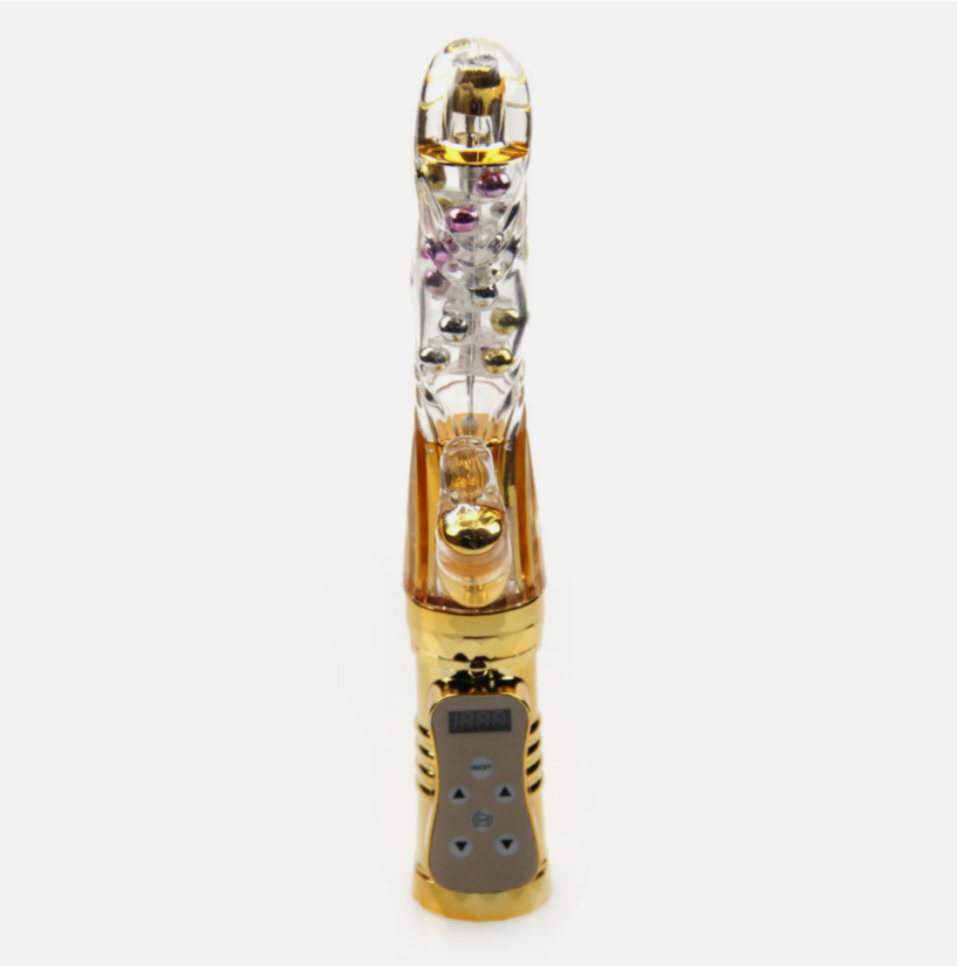 Gold and transparent electronic device with digital display on a white background