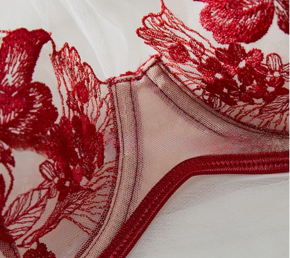Red floral lace lingerie on a white background