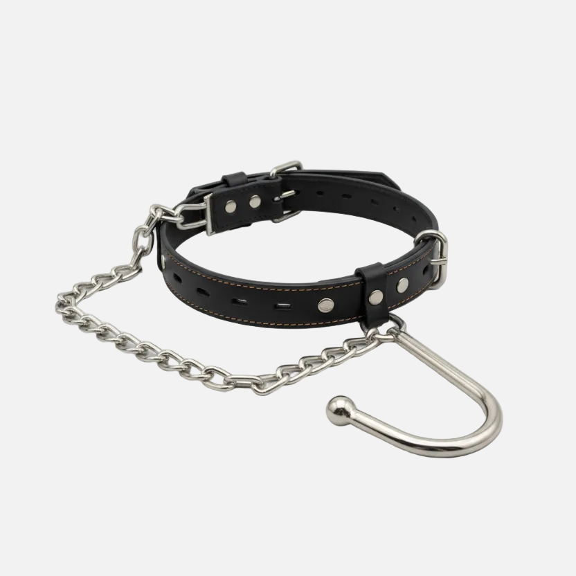 Leather butt plug harness with hook – adjustable BDSM accessory, adult restraint and roleplay gear, body-safe leather and metal design, UK