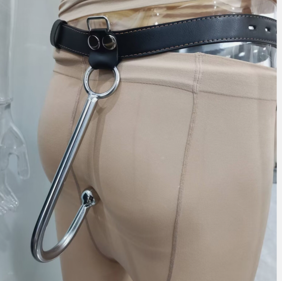 Leather butt plug harness with hook – adjustable BDSM accessory, adult restraint and roleplay gear, body-safe leather and metal design, UK
