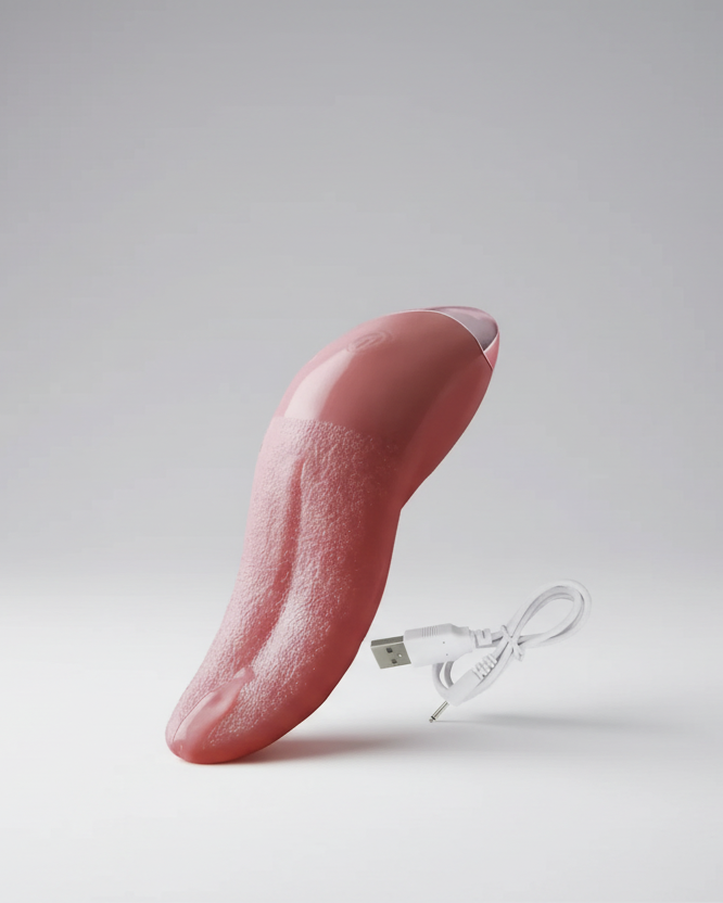 Pink electronic device with USB cable on a white background