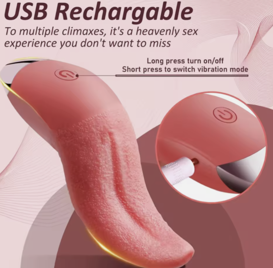 Red USB rechargeable sex toy with control buttons on a pink background