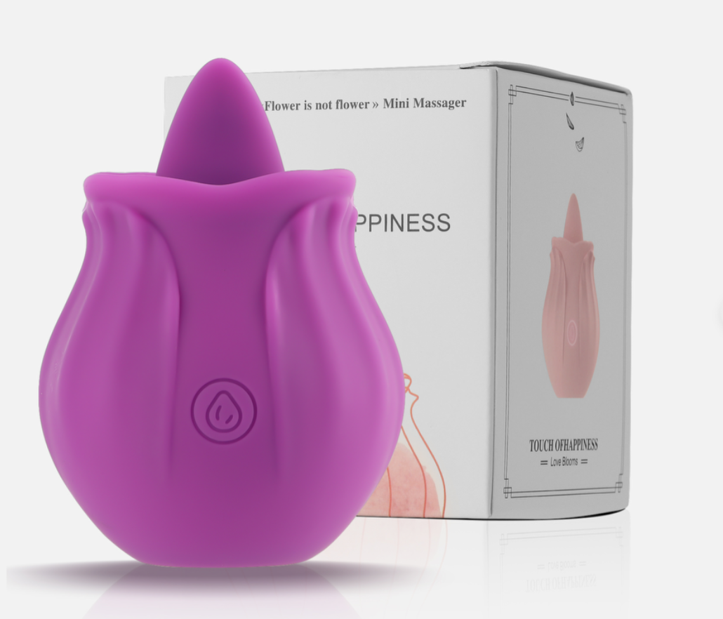 Purple mini massager with 'Happiness' packaging on a white background