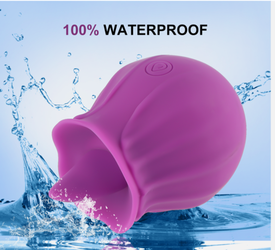 Pink silicone cup with water splashes and '100% Waterproof' text on a blue background