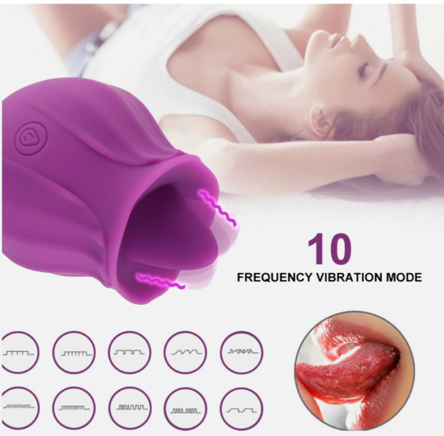 Purple silicone device with 10 frequency vibration mode indicators on a white background.