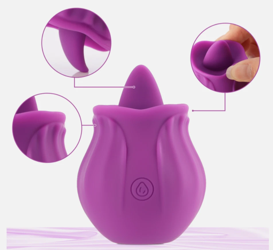 Purple silicone product with close-up details on a light purple background