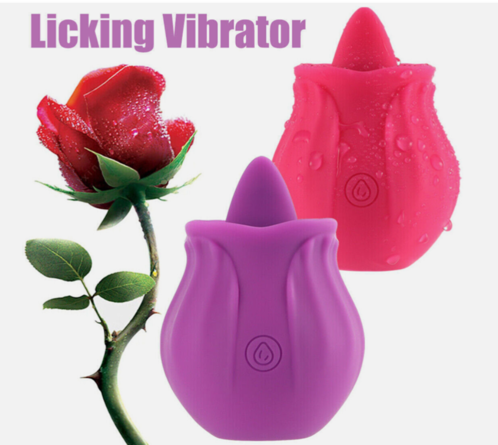 Purple and pink 'licking vibrator' with a red rose on a white background
