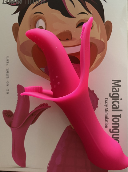 Pink toy resembling a tongue with cartoon character in the background