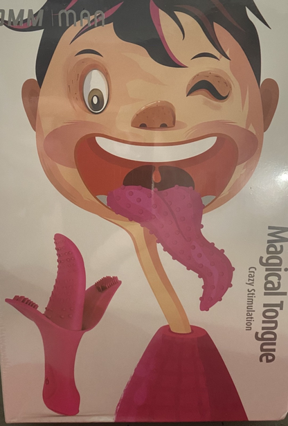 Product packaging with cartoon illustration of a face and tongue, labeled 'Magical Tongue'.