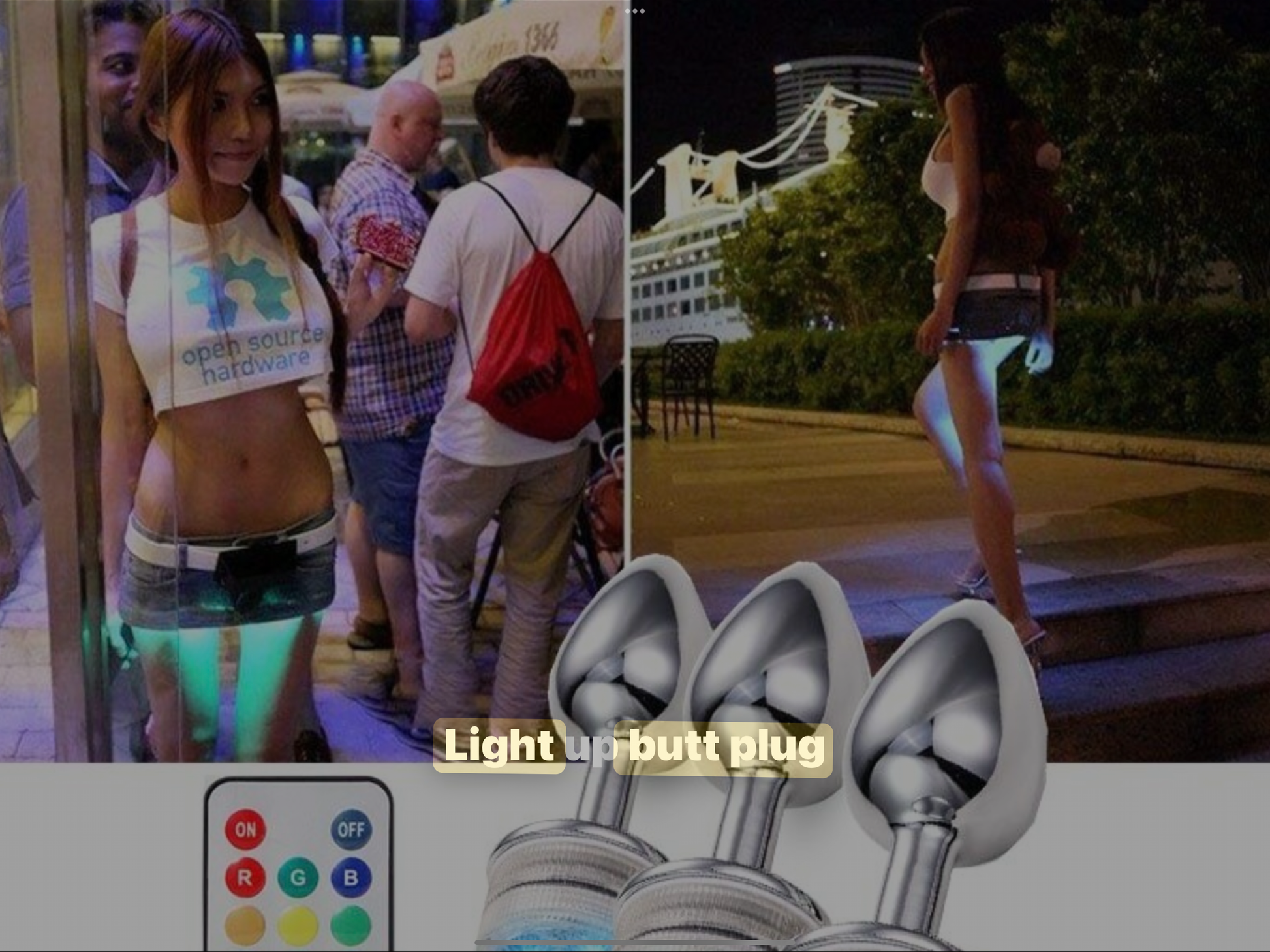 Collage of a woman in a crop top, a cityscape, and a product labeled 'Light up butt plug'.