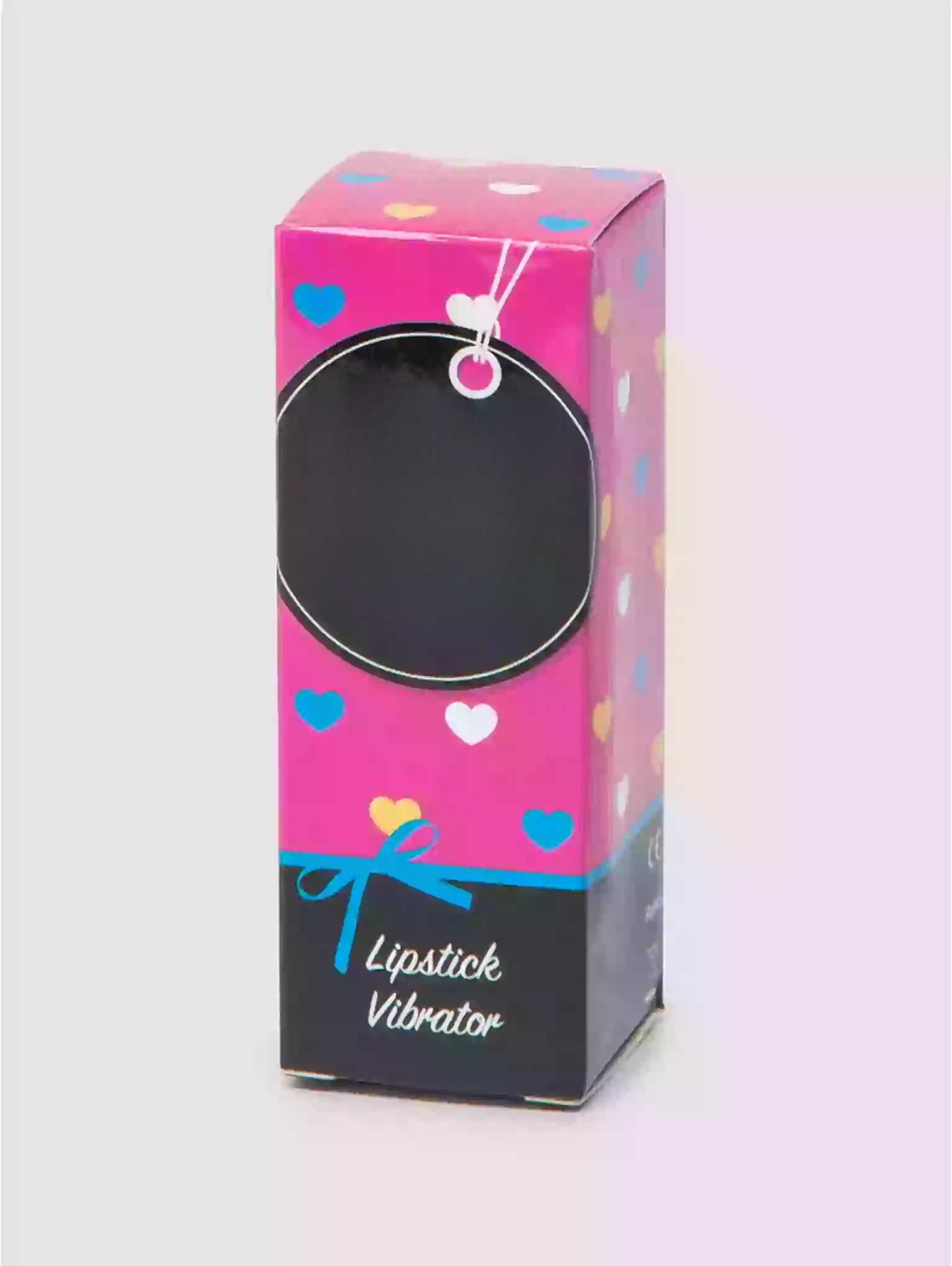 Pink packaging box with colorful polka dots and a black label for a lipstick vibrator on a white background