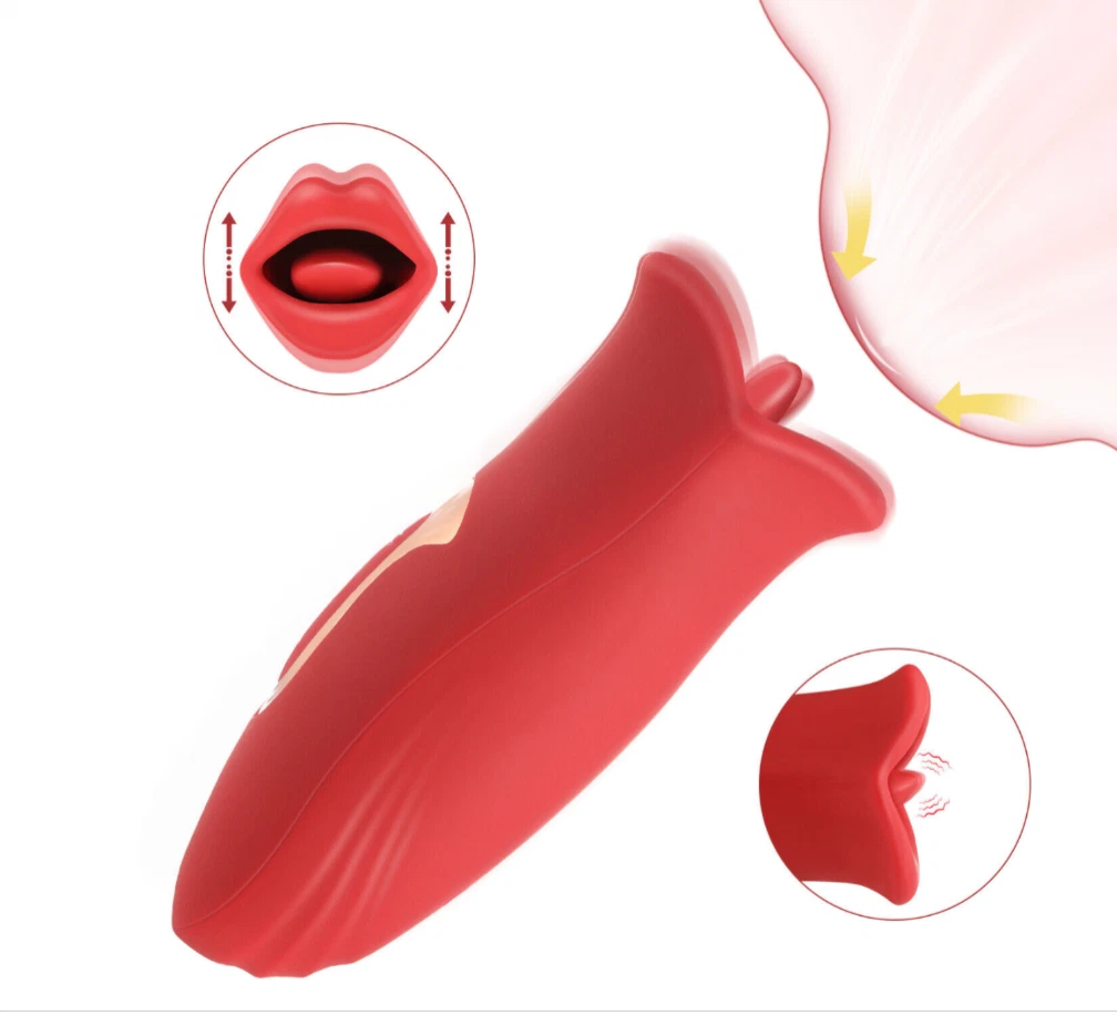 Red silicone product shaped like a tongue with close-up details on a white background