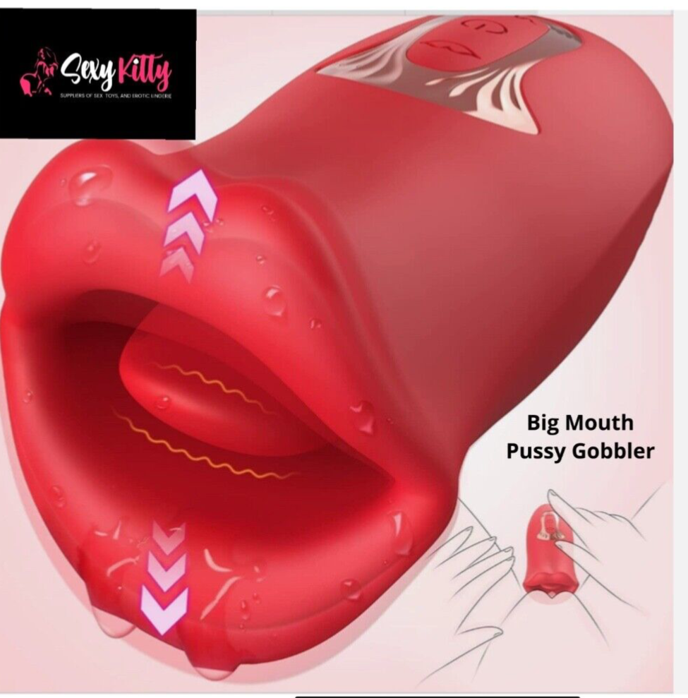 Red inflatable object shaped like a mouth with a design on a pink background, featuring the brand 'Sexy Kitty'.