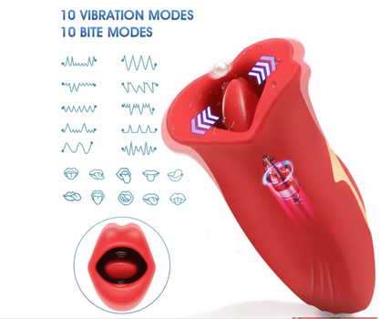 Red electronic device with vibration and bite mode indicators on a white background