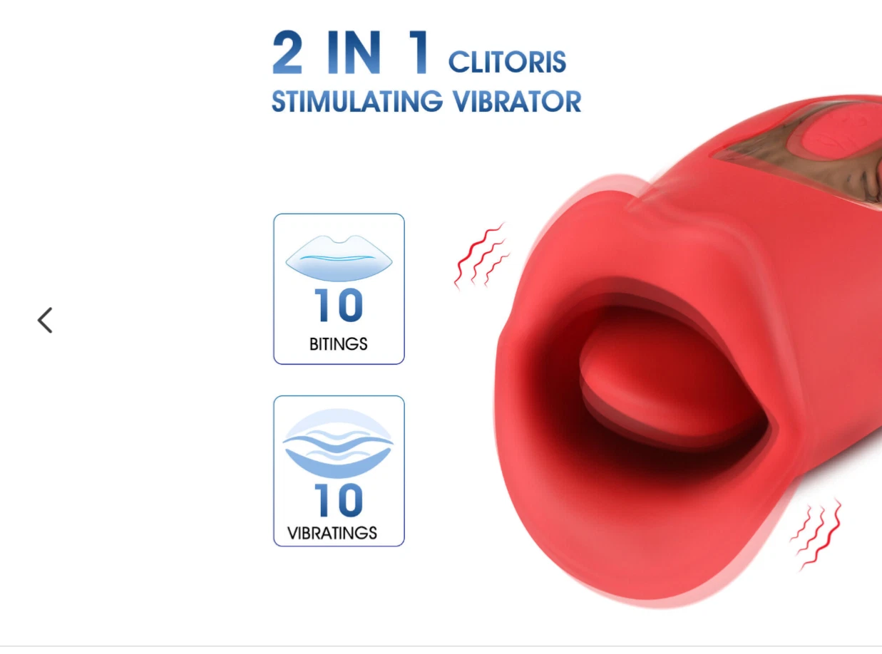 Red 2-in-1 clitoral stimulating vibrator with text and icons on a white background