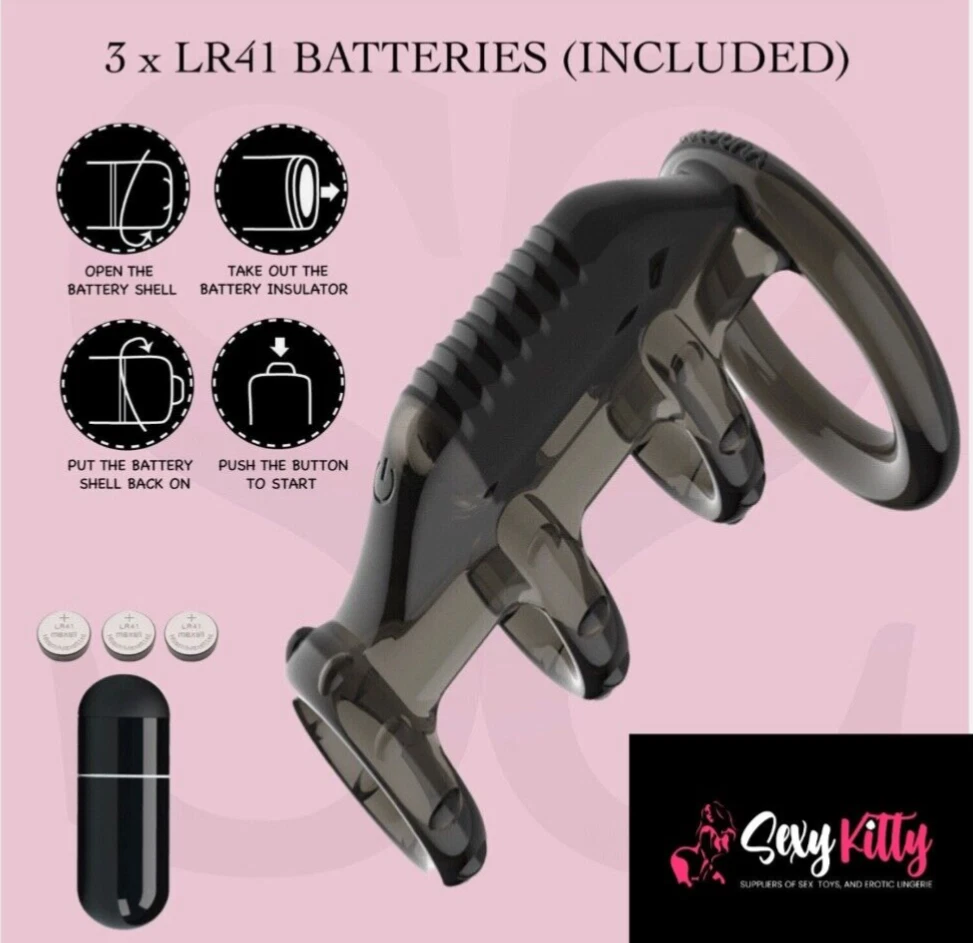 Black device with battery instructions and 'Sexy Kitty' branding on a pink background