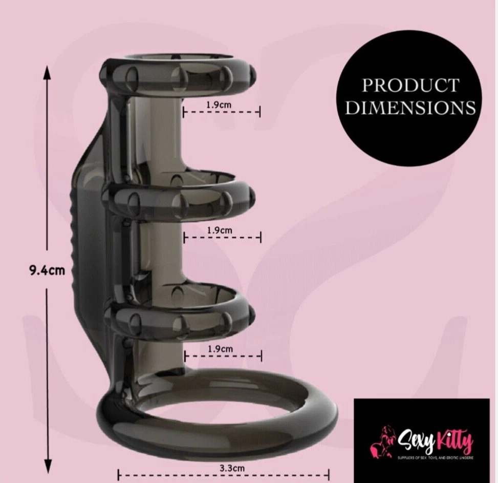 Black product with dimensions on a pink background, featuring the brand 'Sexy Kitty'.