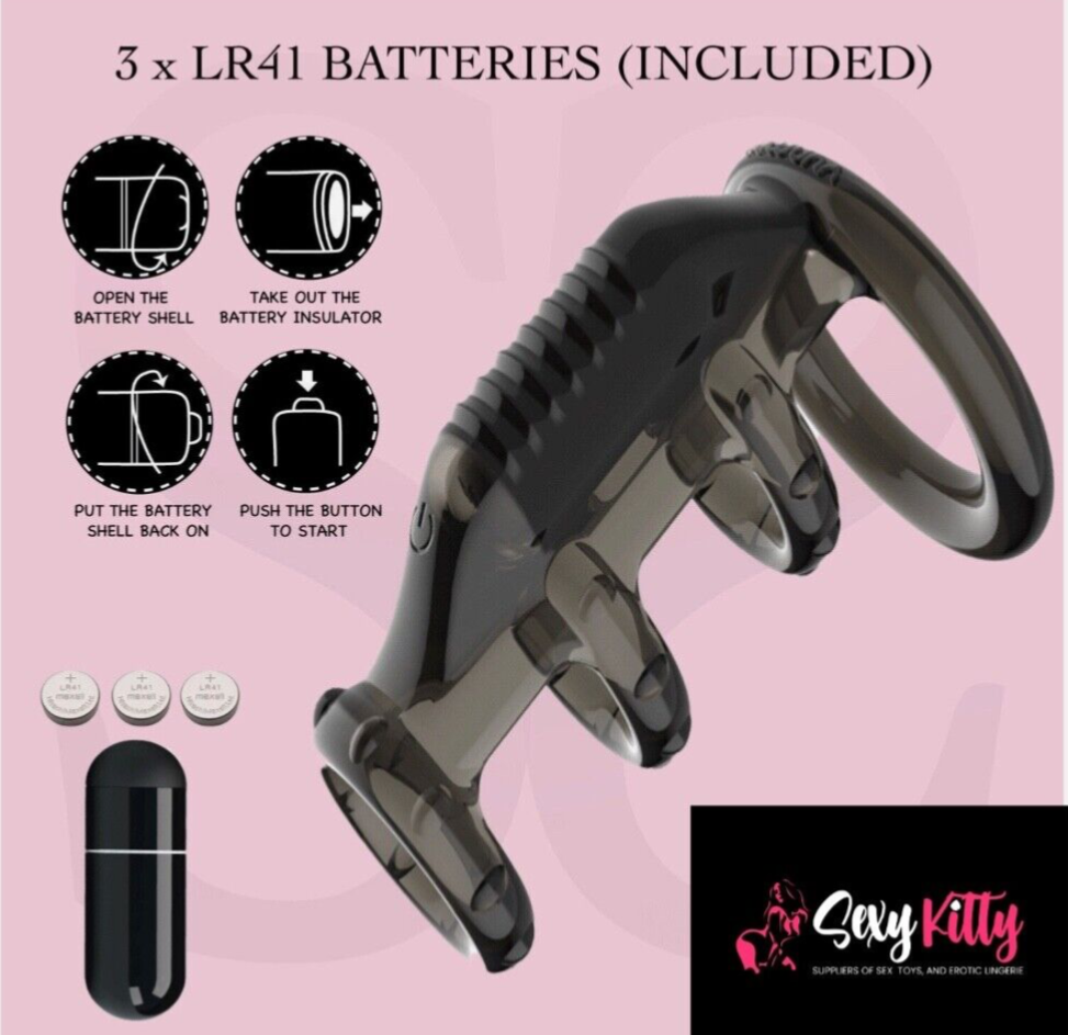 Sexual product with battery instructions and 'Sexy Kitty' branding on a pink background